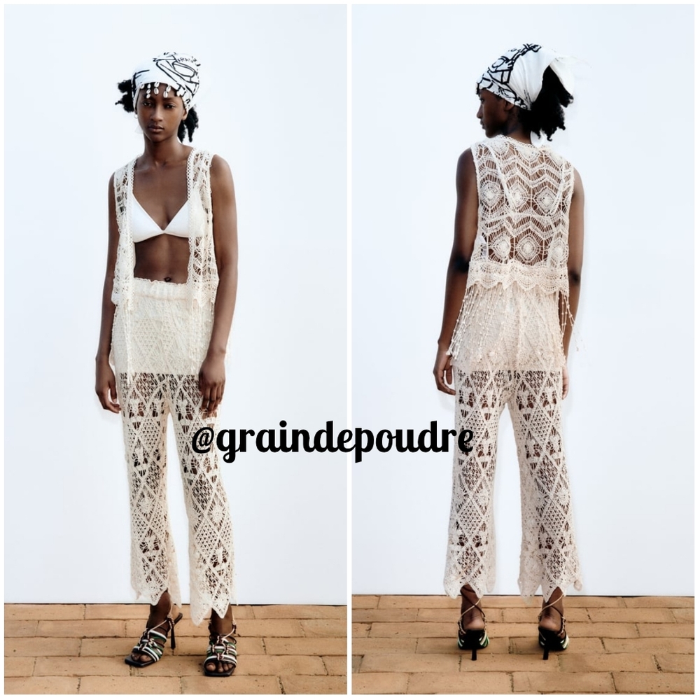 Rare! Zara Ivory Fringed Crochet Vest & Flare Pants Set S